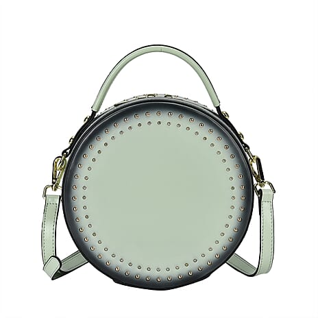 Genuine Leather Stylish Studded Circle Purse With Top Handle & Adjustable Strap - Mint Green