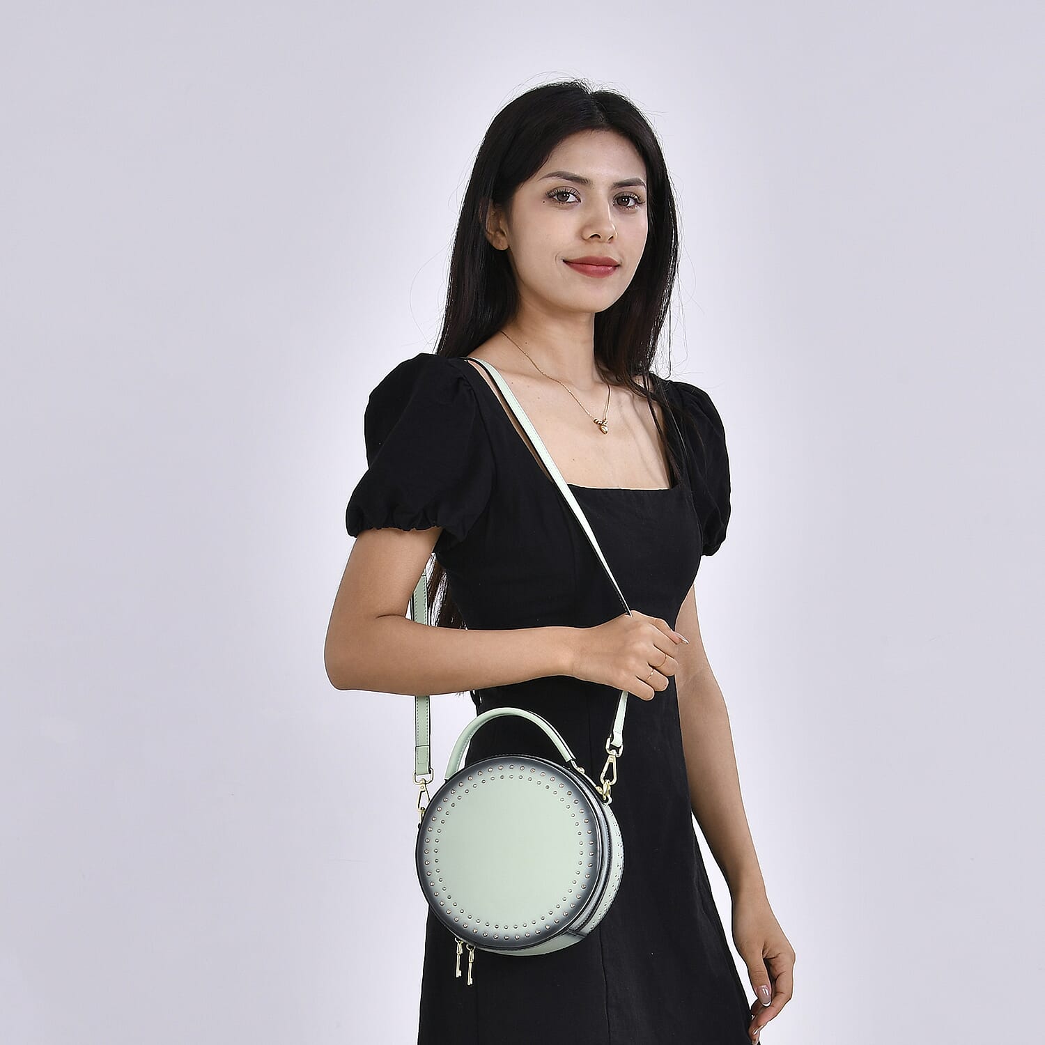 Genuine Leather Stylish Studded Circle Purse With Top Handle & Adjustable Strap - Mint Green
