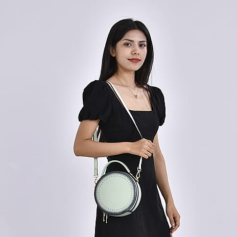 Genuine Leather Stylish Studded Circle Purse With Top Handle & Adjustable Strap - Mint Green