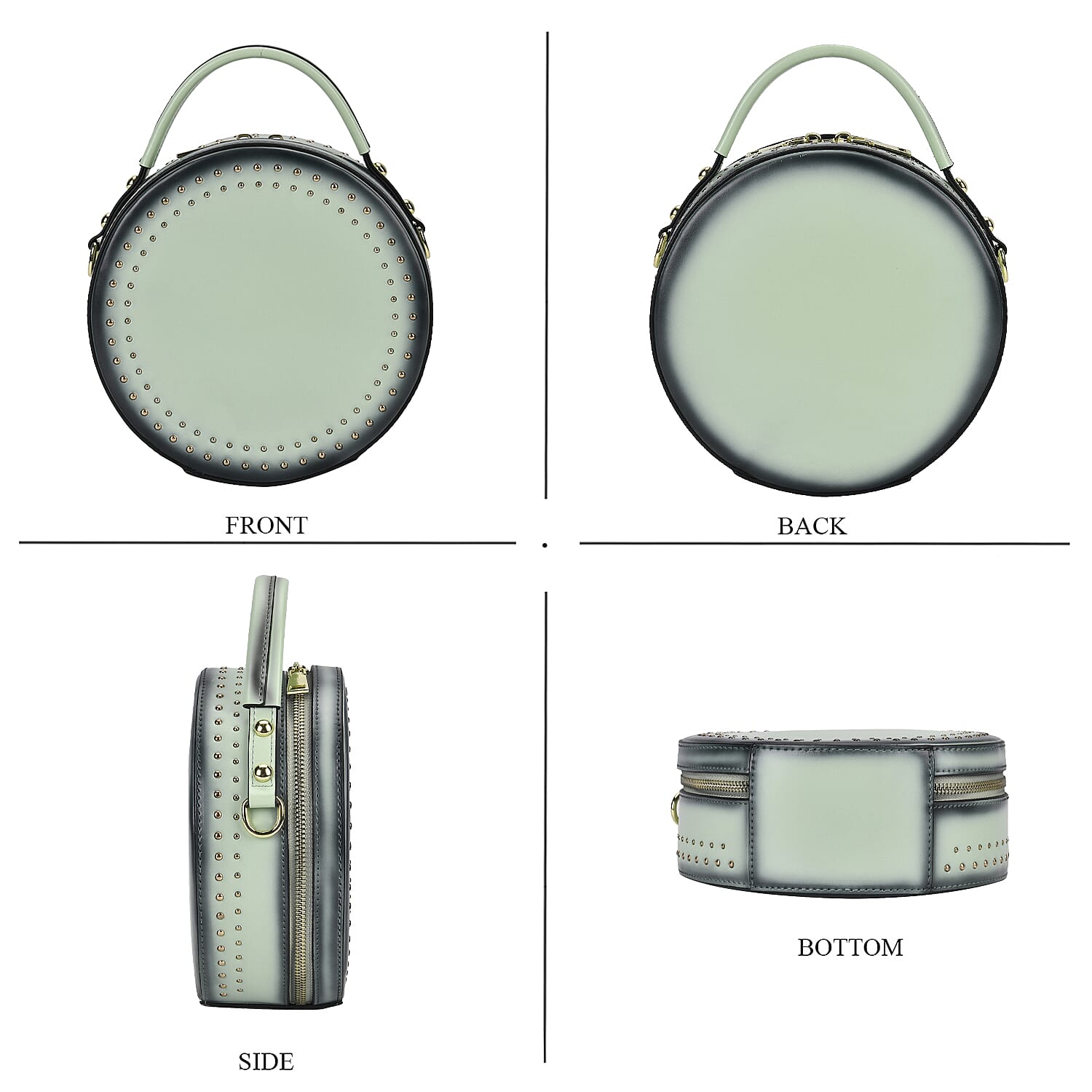 Genuine Leather Stylish Studded Circle Purse With Top Handle & Adjustable Strap - Mint Green