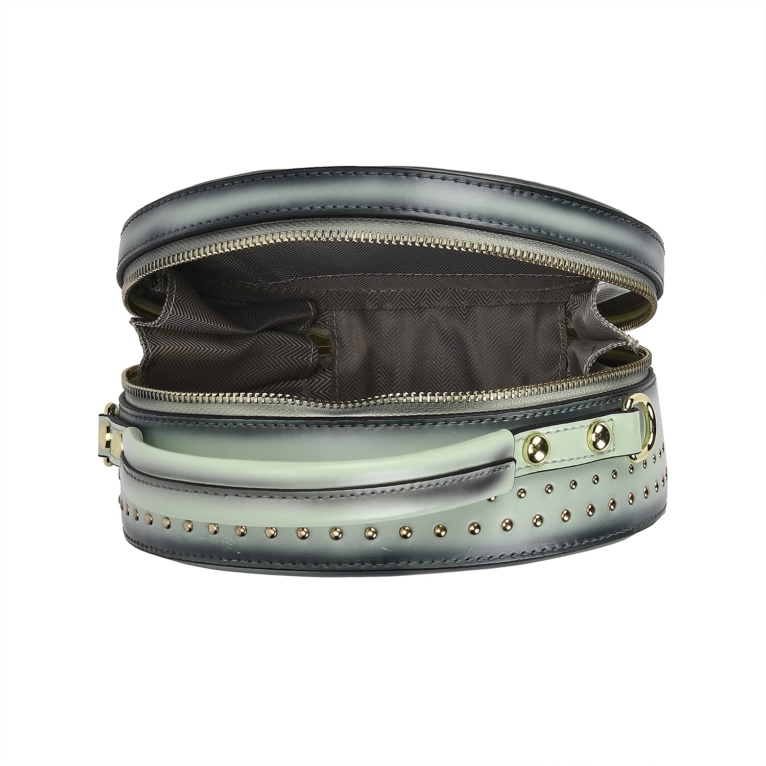 Genuine Leather Stylish Studded Circle Purse With Top Handle & Adjustable Strap - Mint Green