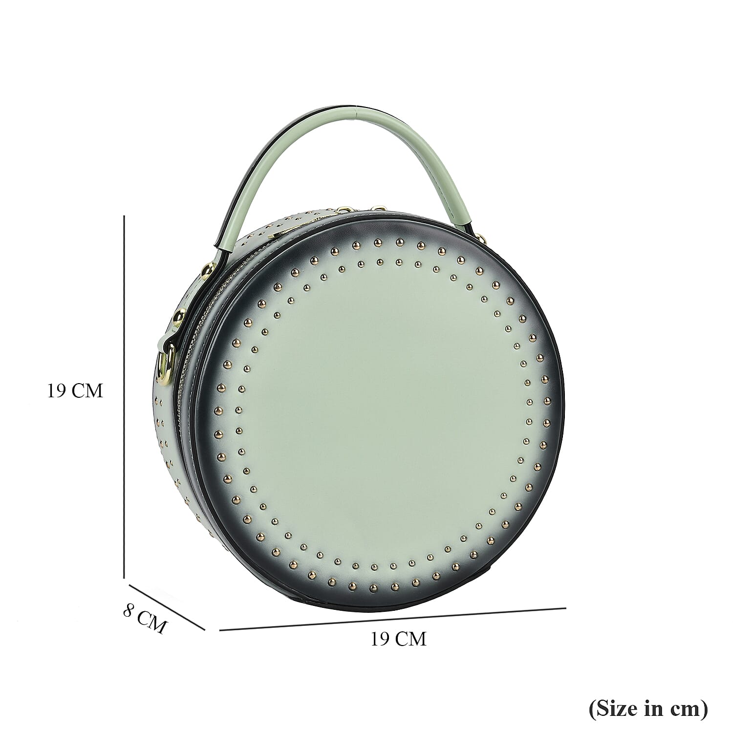 Genuine Leather Stylish Studded Circle Purse With Top Handle & Adjustable Strap - Mint Green