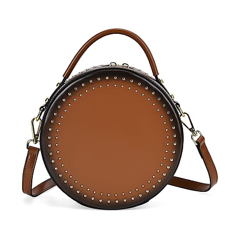 Genuine Leather Stylish Studded Circle Purse With Top Handle & Adjustable Strap - Tan & Black