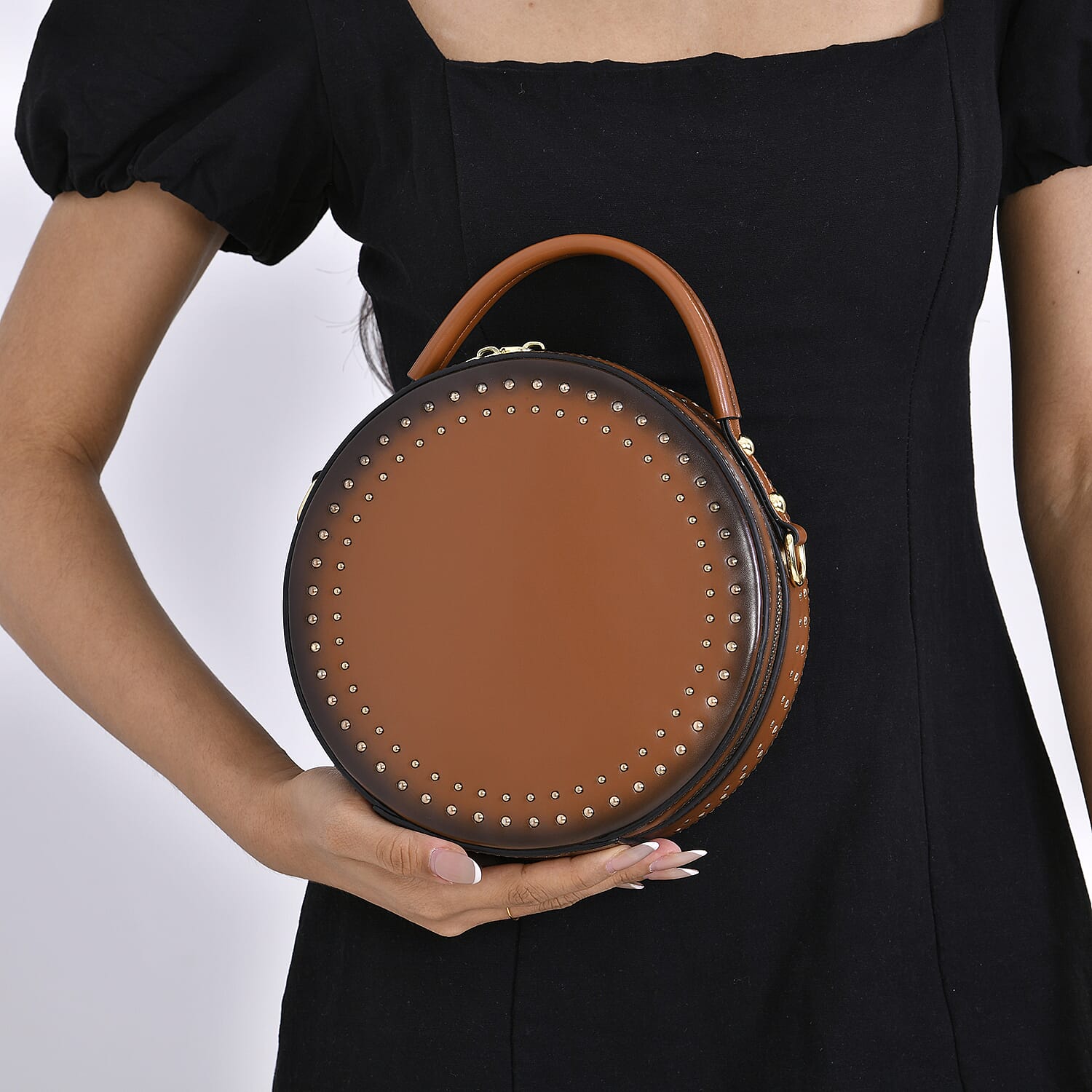 Genuine Leather Stylish Studded Circle Purse With Top Handle & Adjustable Strap - Tan & Black