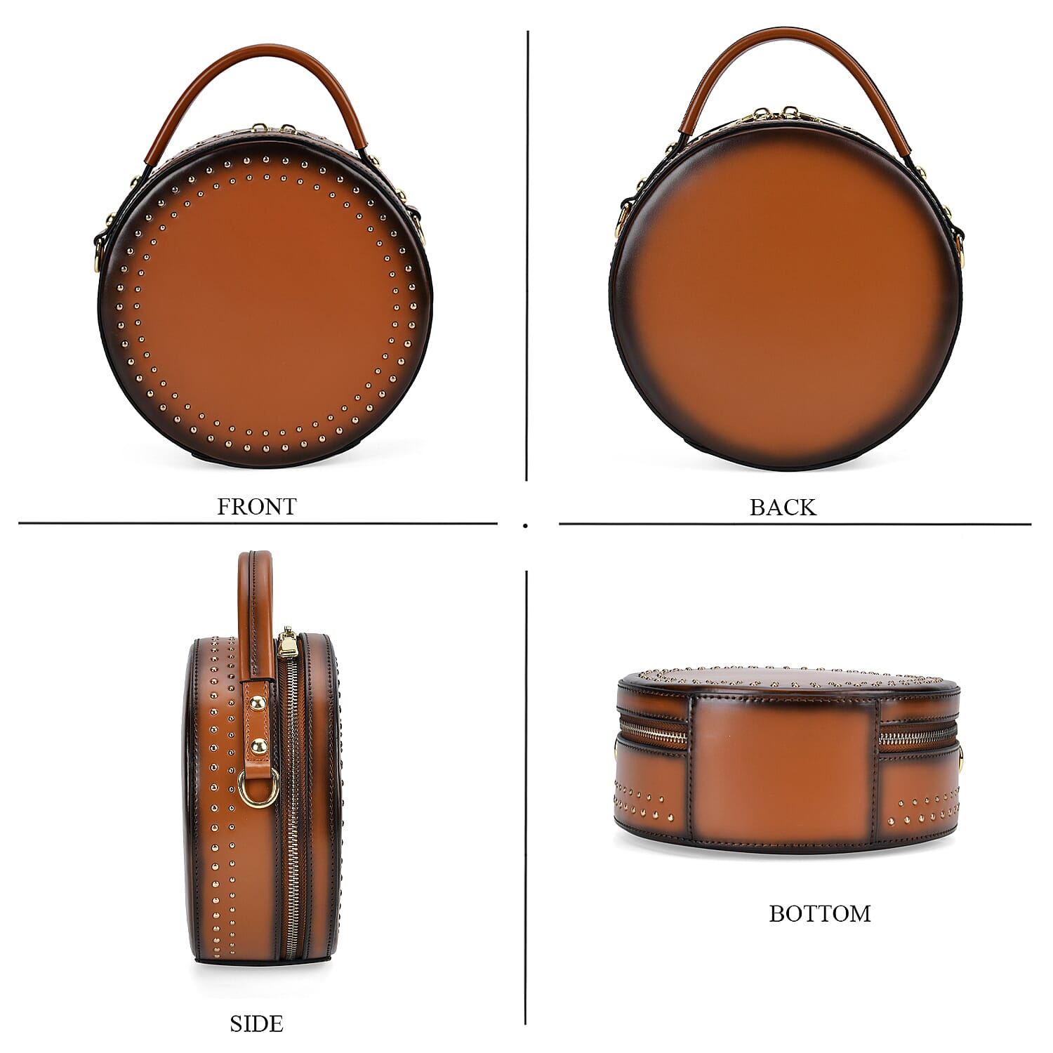 Genuine Leather Stylish Studded Circle Purse With Top Handle & Adjustable Strap - Tan & Black