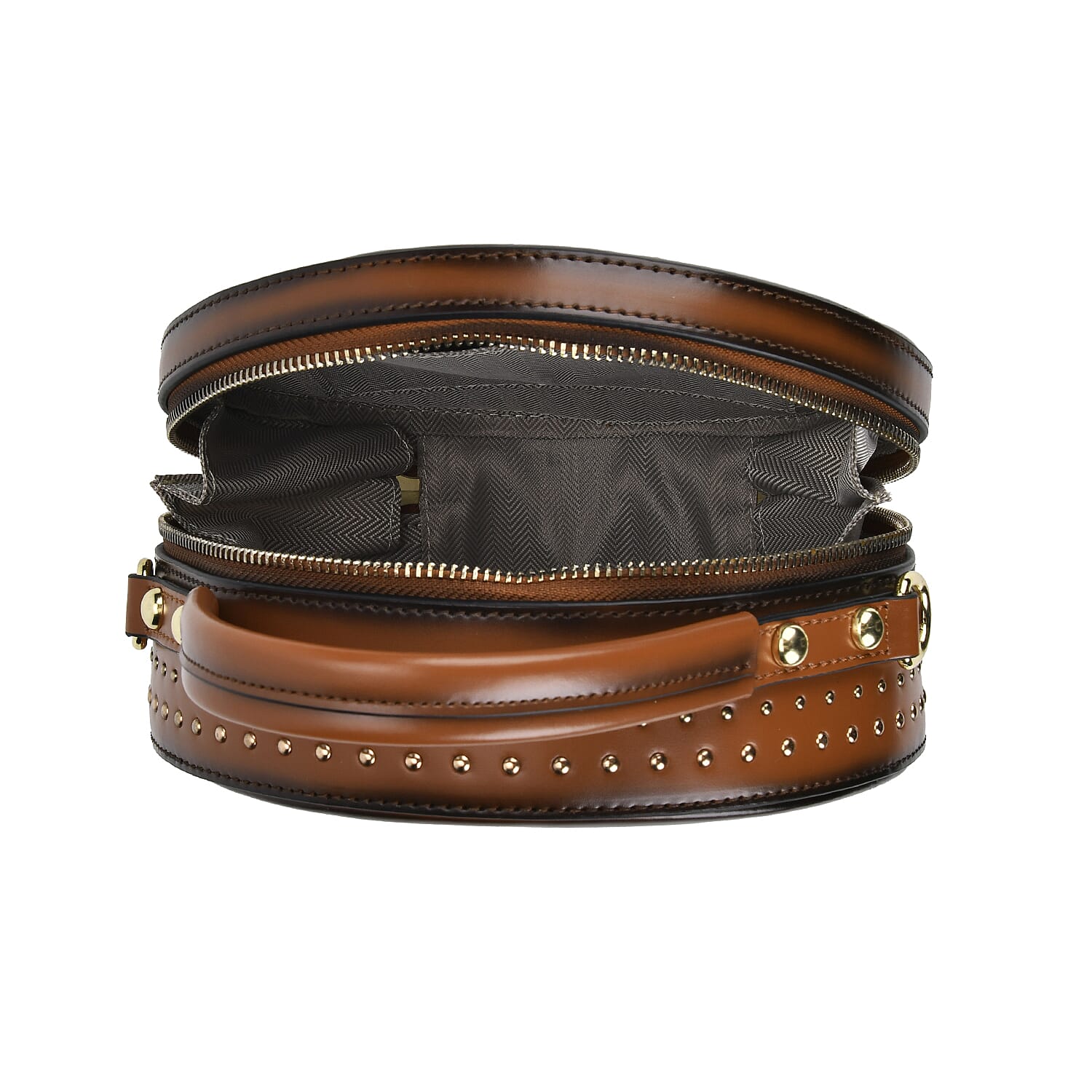 Genuine Leather Stylish Studded Circle Purse With Top Handle & Adjustable Strap - Tan & Black