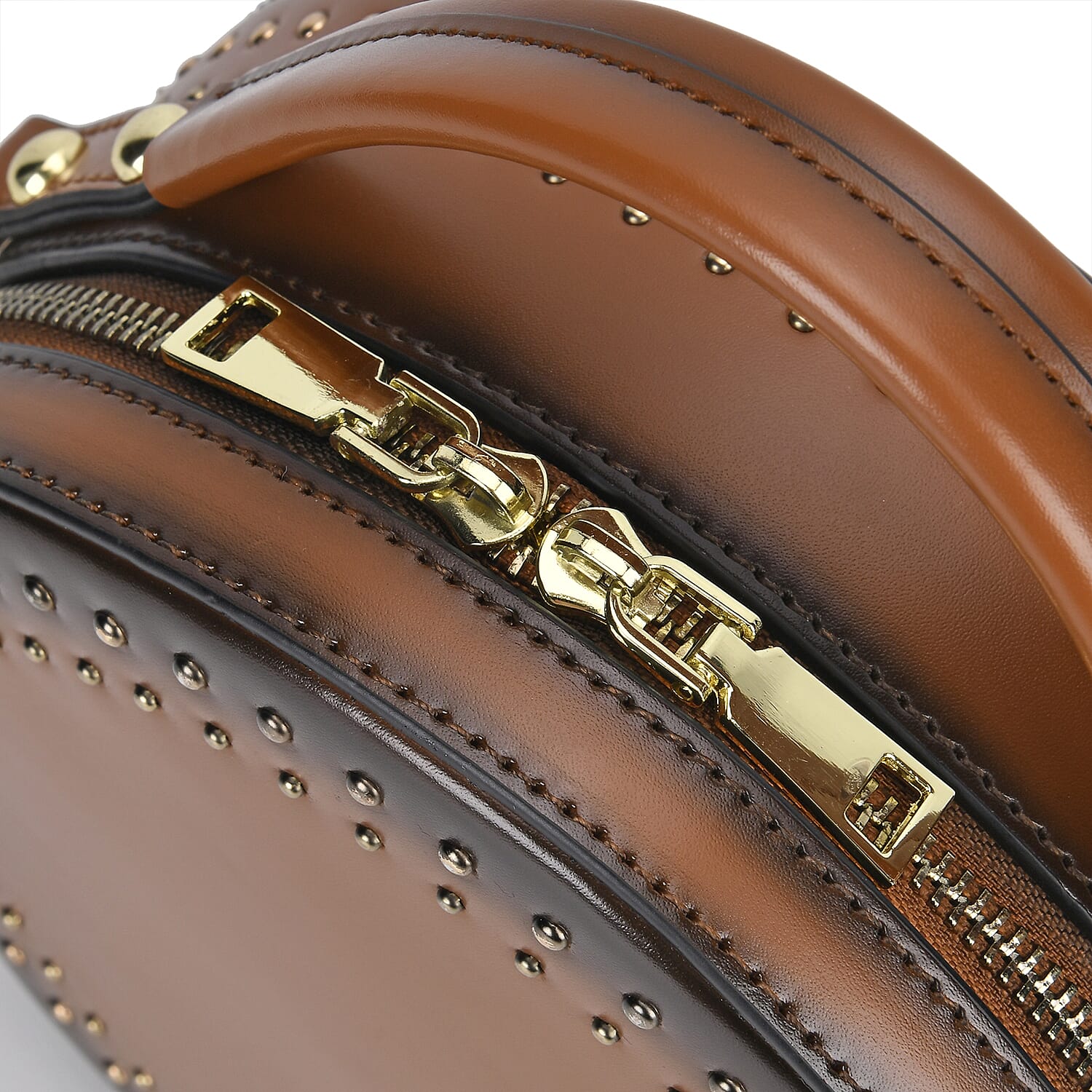 Genuine Leather Stylish Studded Circle Purse With Top Handle & Adjustable Strap - Tan & Black