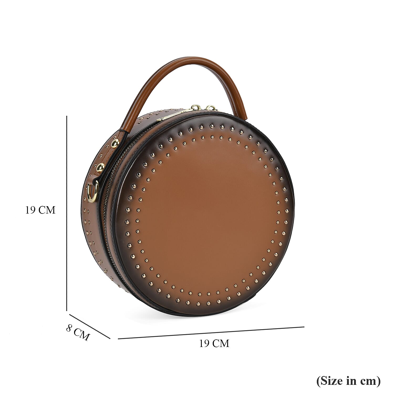 Genuine Leather Stylish Studded Circle Purse With Top Handle & Adjustable Strap - Tan & Black