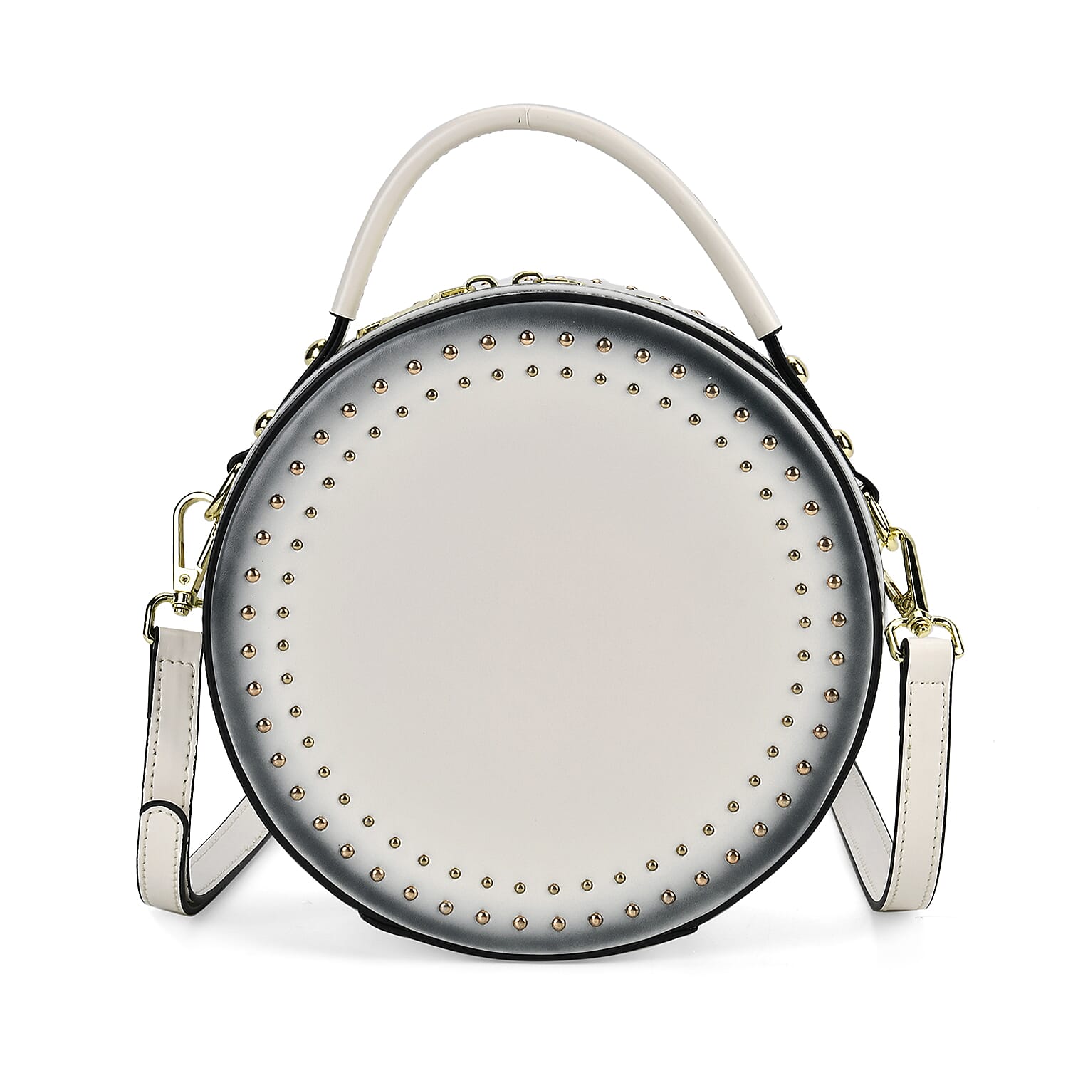 Genuine Leather Stylish Studded Circle Purse With Top Handle & Adjustable Strap - White & Black