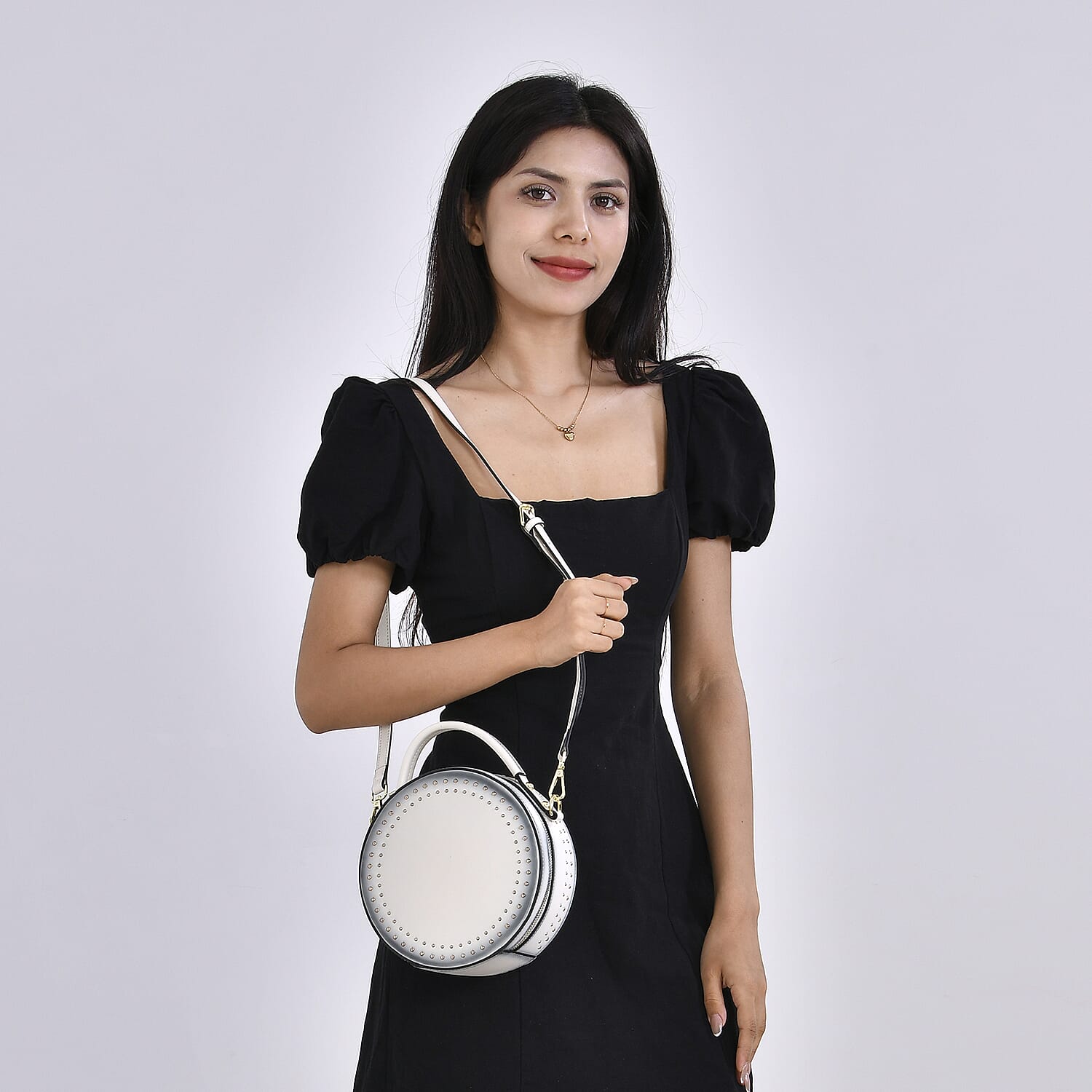 Genuine Leather Stylish Studded Circle Purse With Top Handle & Adjustable Strap - White & Black