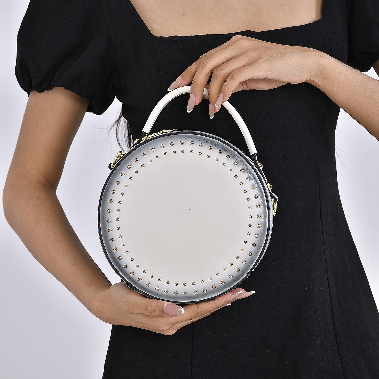 Genuine Leather Stylish Studded Circle Purse With Top Handle & Adjustable Strap - White & Black