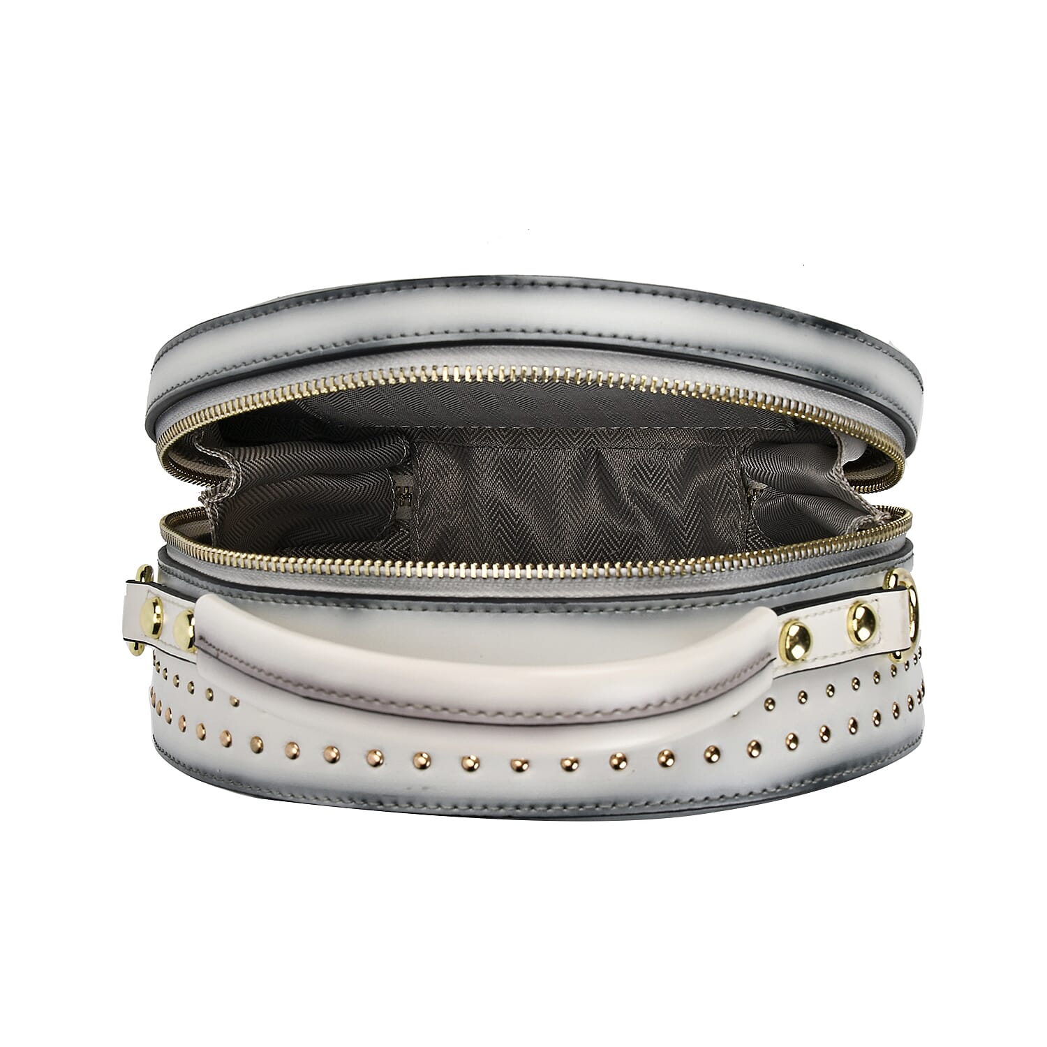 Genuine Leather Stylish Studded Circle Purse With Top Handle & Adjustable Strap - White & Black