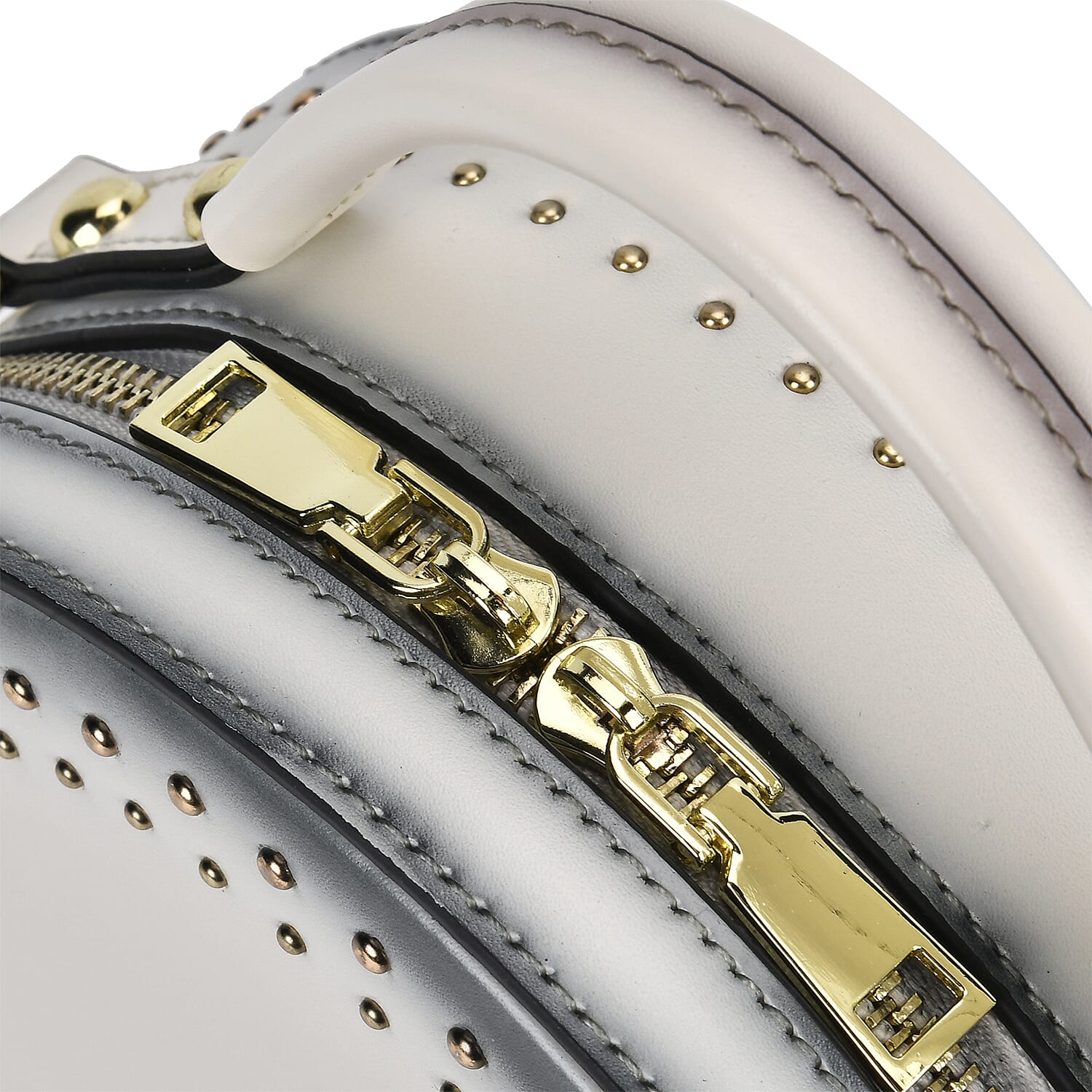 Genuine Leather Stylish Studded Circle Purse With Top Handle & Adjustable Strap - White & Black