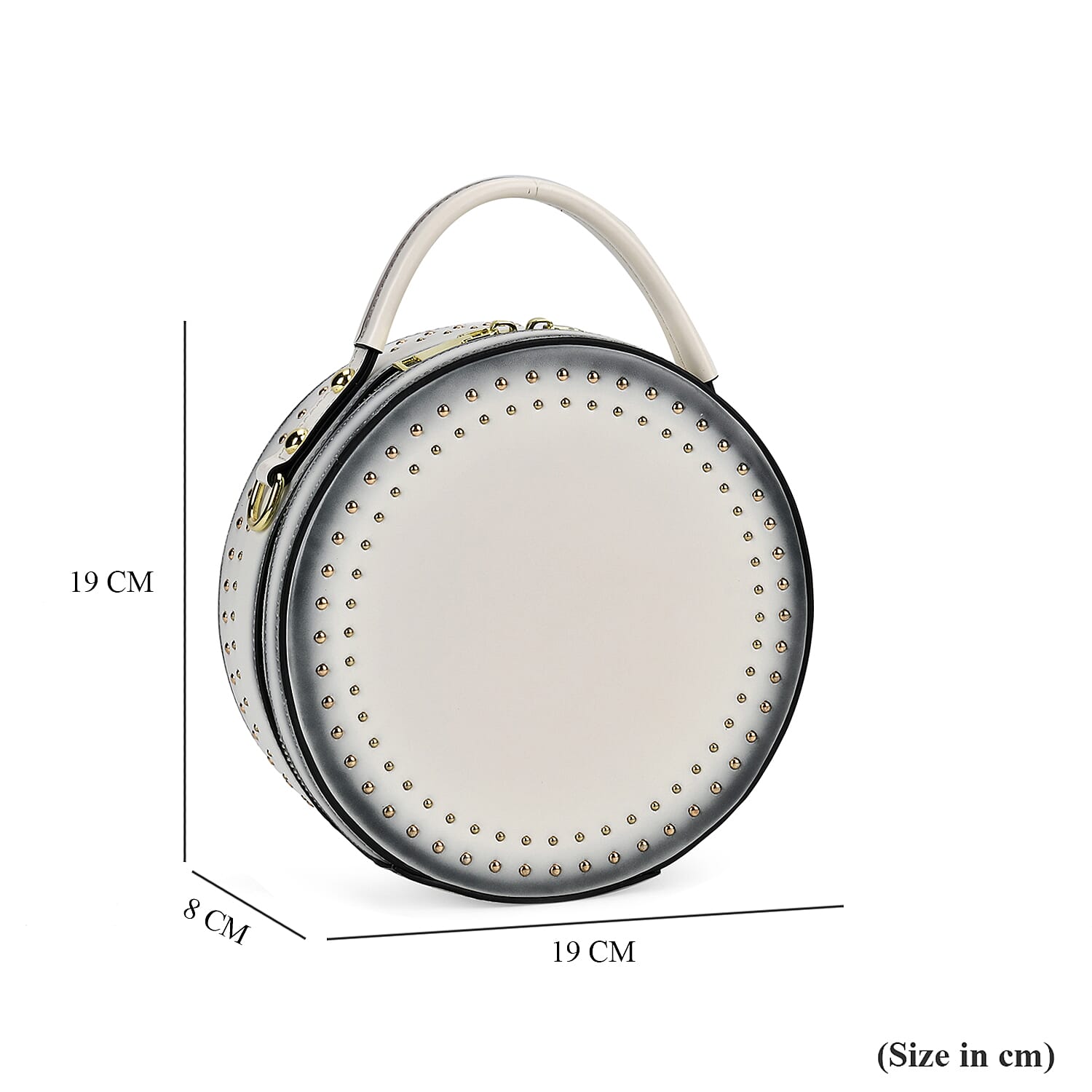 Genuine Leather Stylish Studded Circle Purse With Top Handle & Adjustable Strap - White & Black