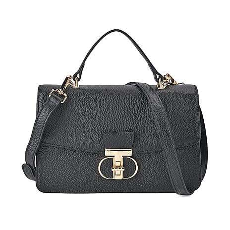 Designer Inspired Closeout Deal - Genuine Leather Structured Top Handle Satchel with Gold-Tone Lock - Black