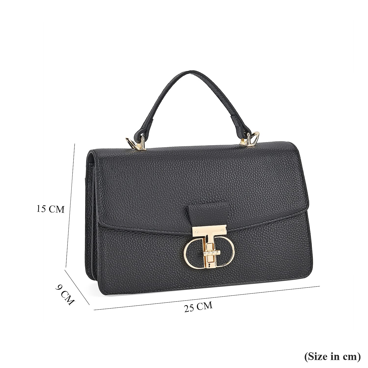 Designer Inspired Closeout Deal - Genuine Leather Structured Top Handle Satchel with Gold-Tone Lock - Black