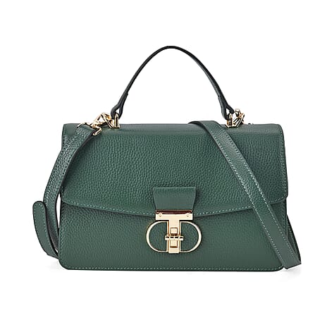 Designer Inspired Closeout Deal - Genuine Leather Structured Top Handle Satchel with Gold-Tone Lock - Green