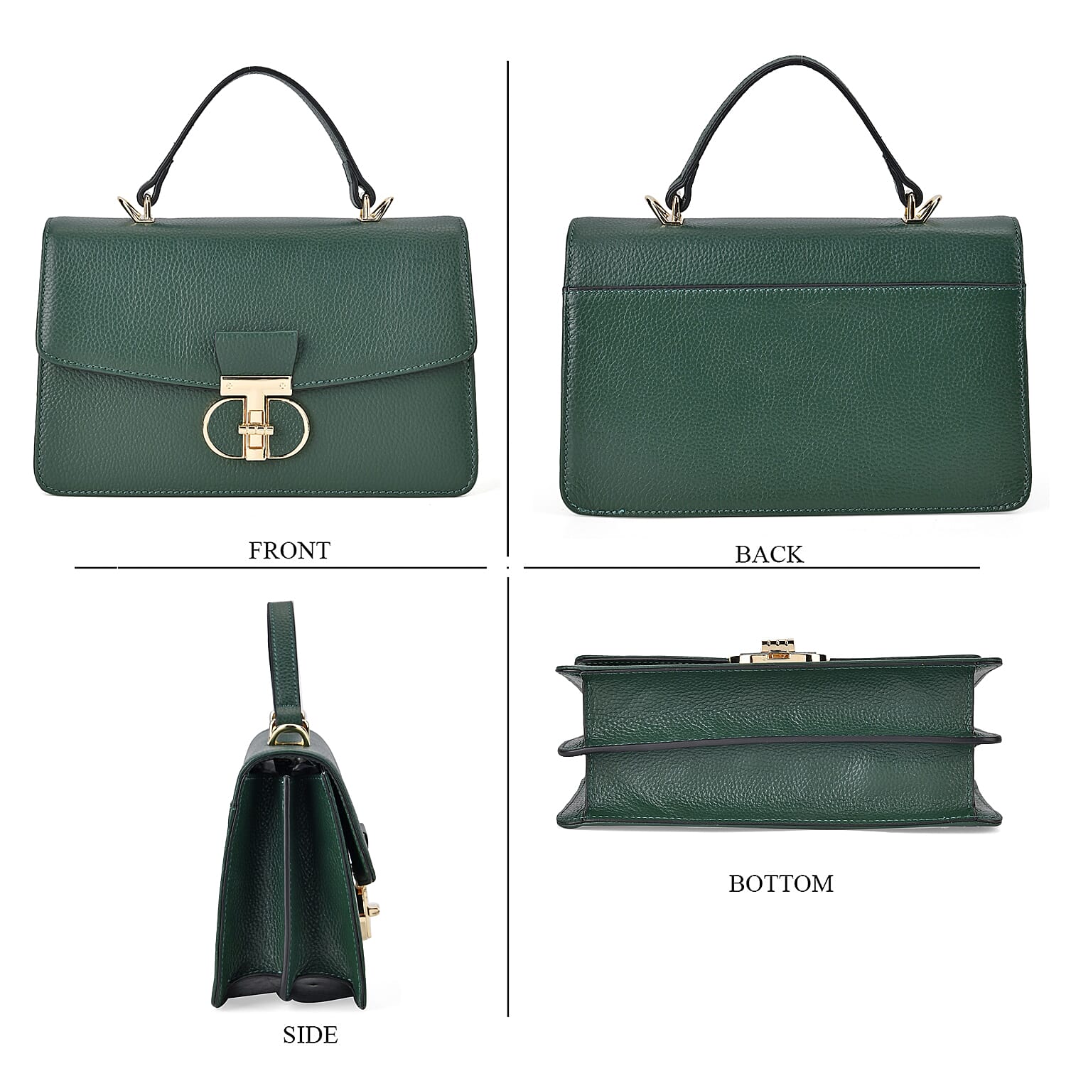 Designer Inspired Closeout Deal - Genuine Leather Structured Top Handle Satchel with Gold-Tone Lock - Green