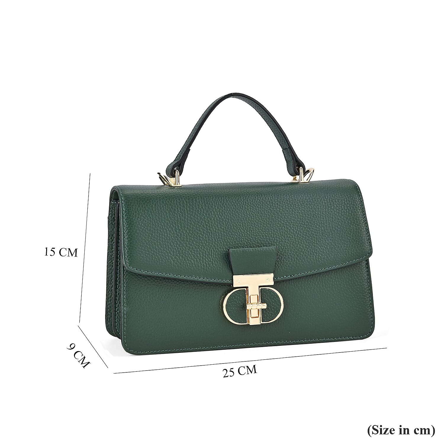 Designer Inspired Closeout Deal - Genuine Leather Structured Top Handle Satchel with Gold-Tone Lock - Green