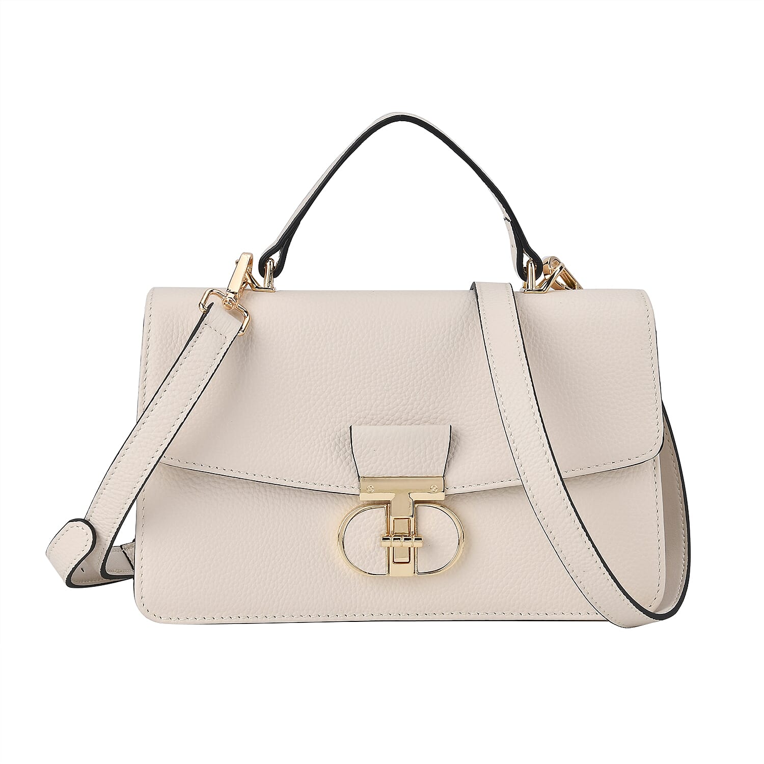 Designer Inspired Closeout Deal - Genuine Leather Structured Top Handle Satchel with Gold-Tone Lock - White