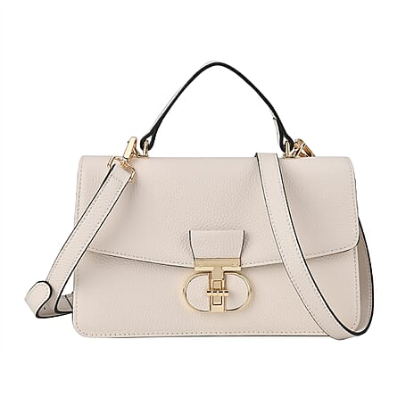 Closeout Deal - Genuine Leather Flap Crossbody Bag with Handle Drop - Cream