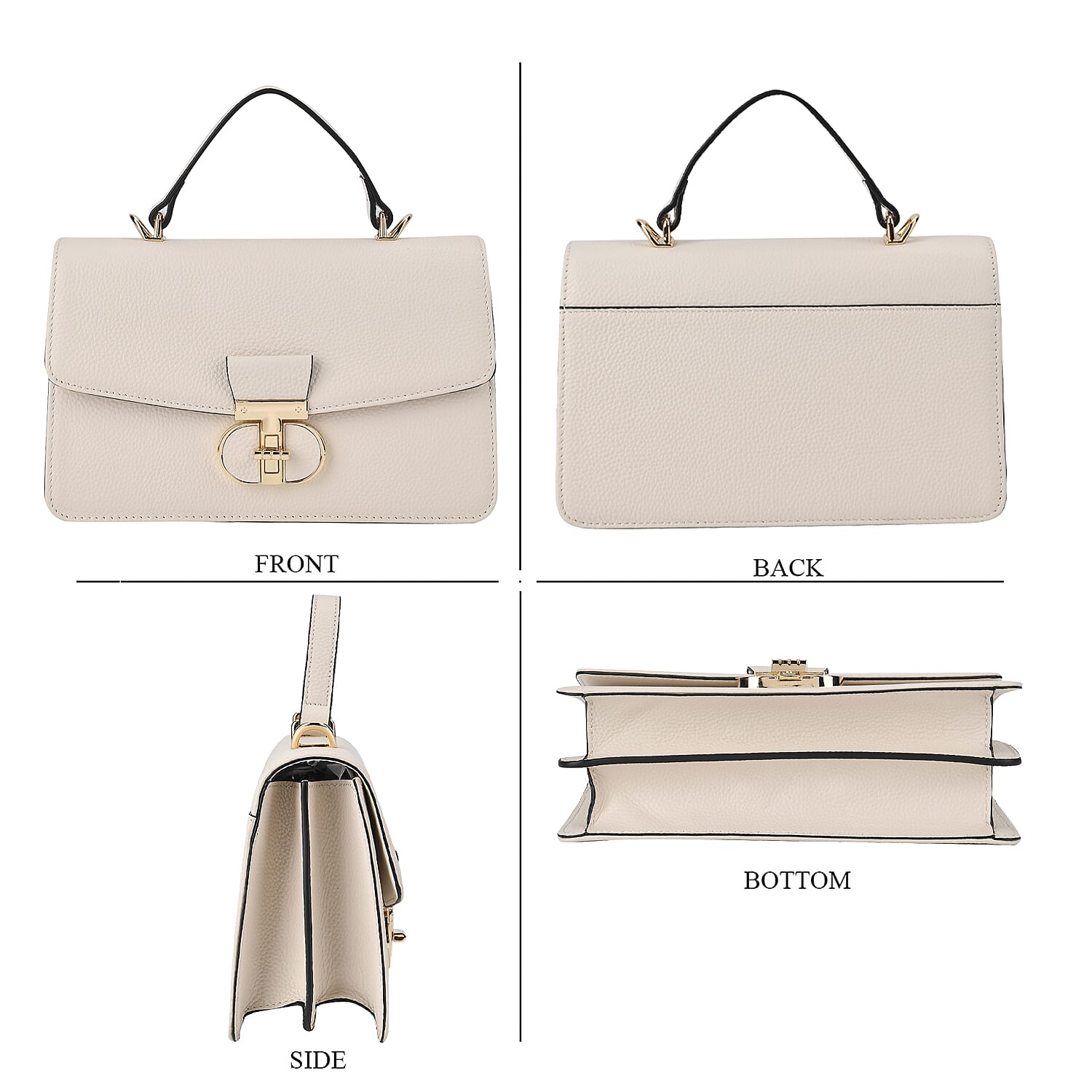 Designer Inspired Closeout Deal - Genuine Leather Structured Top Handle Satchel with Gold-Tone Lock - White