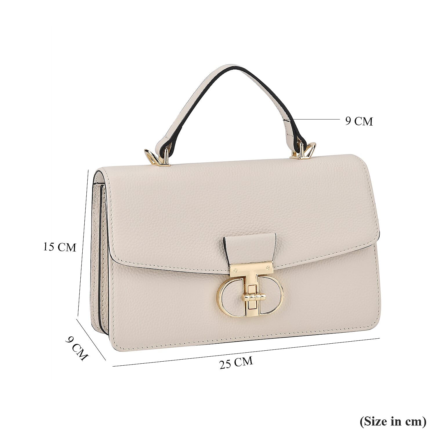 Designer Inspired Closeout Deal - Genuine Leather Structured Top Handle Satchel with Gold-Tone Lock - White