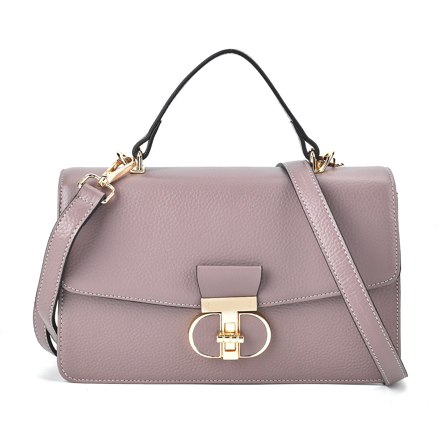 Designer Inspired Closeout Deal - Genuine Leather Structured Top Handle Satchel with Gold-Tone Lock - Light Purple