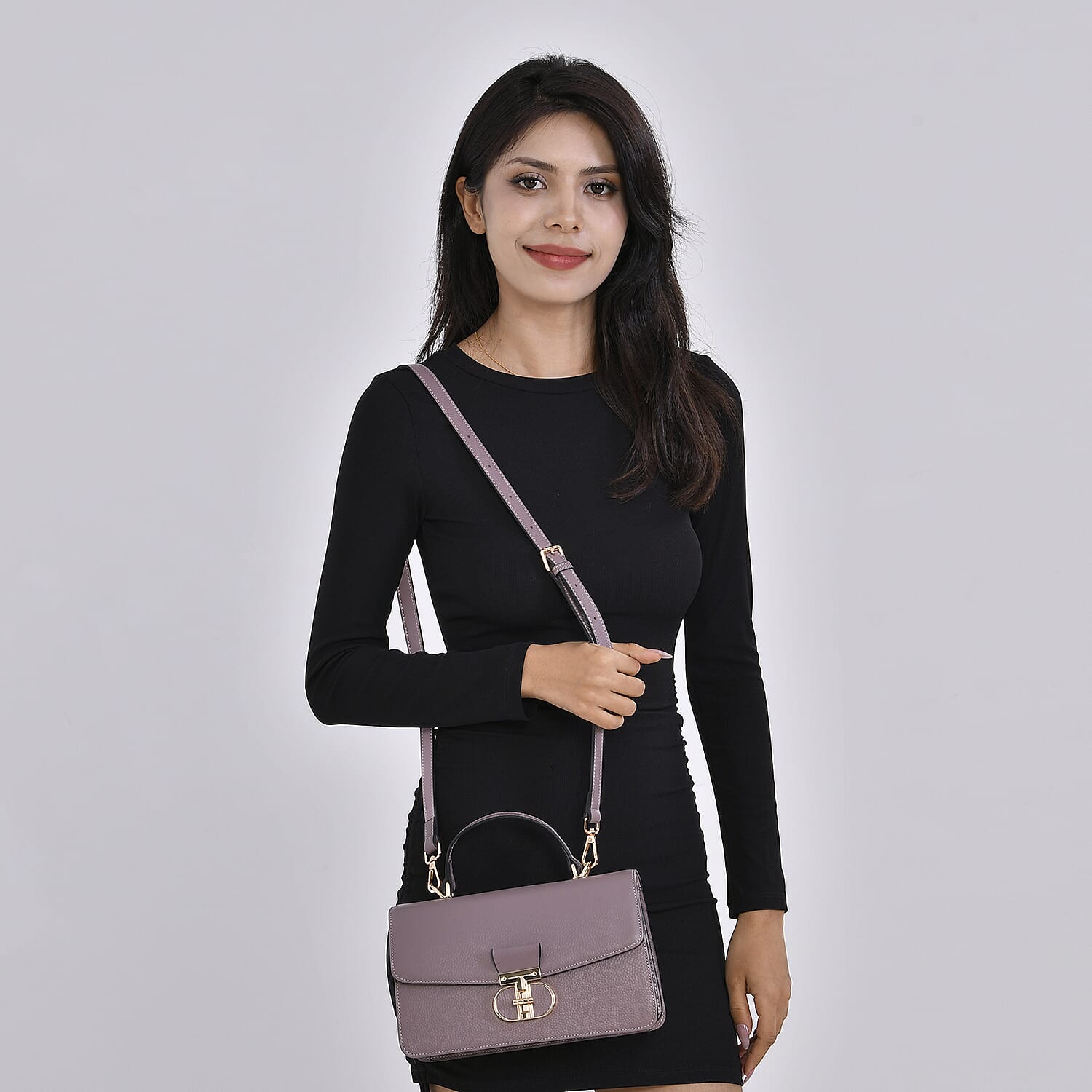 Designer Inspired Closeout Deal - Genuine Leather Structured Top Handle Satchel with Gold-Tone Lock - Light Purple