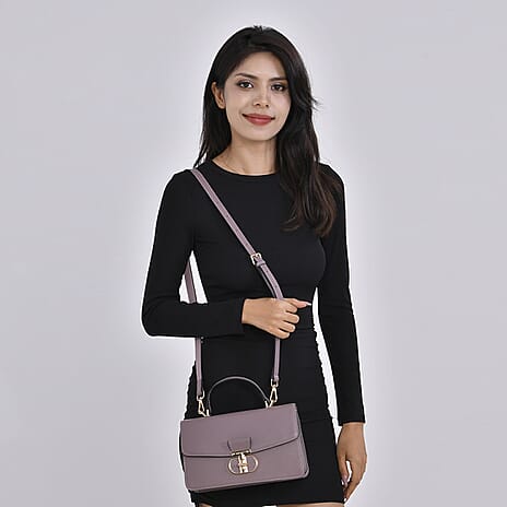 Designer Inspired Closeout Deal - Genuine Leather Structured Top Handle Satchel with Gold-Tone Lock - Light Purple