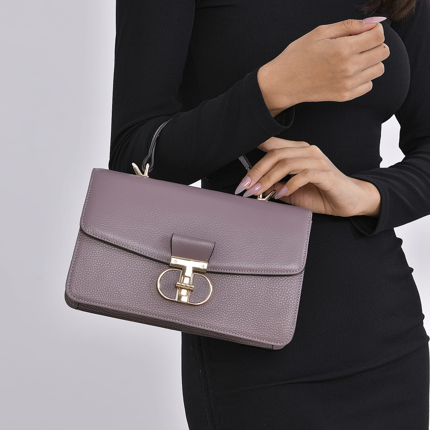 Designer Inspired Closeout Deal - Genuine Leather Structured Top Handle Satchel with Gold-Tone Lock - Light Purple