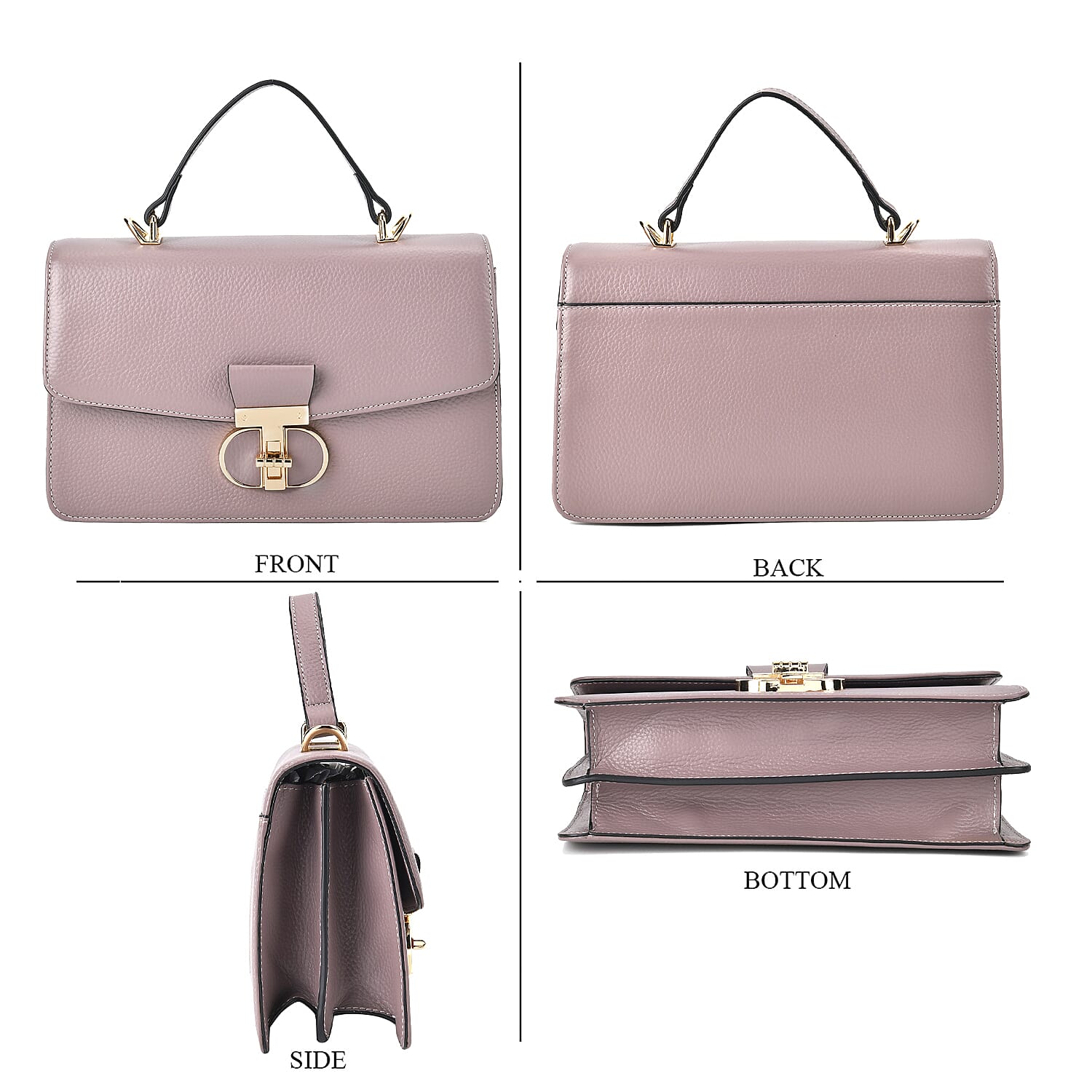 Designer Inspired Closeout Deal - Genuine Leather Structured Top Handle Satchel with Gold-Tone Lock - Light Purple