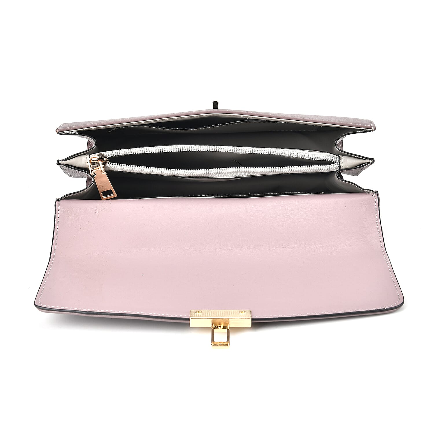 Designer Inspired Closeout Deal - Genuine Leather Structured Top Handle Satchel with Gold-Tone Lock - Light Purple