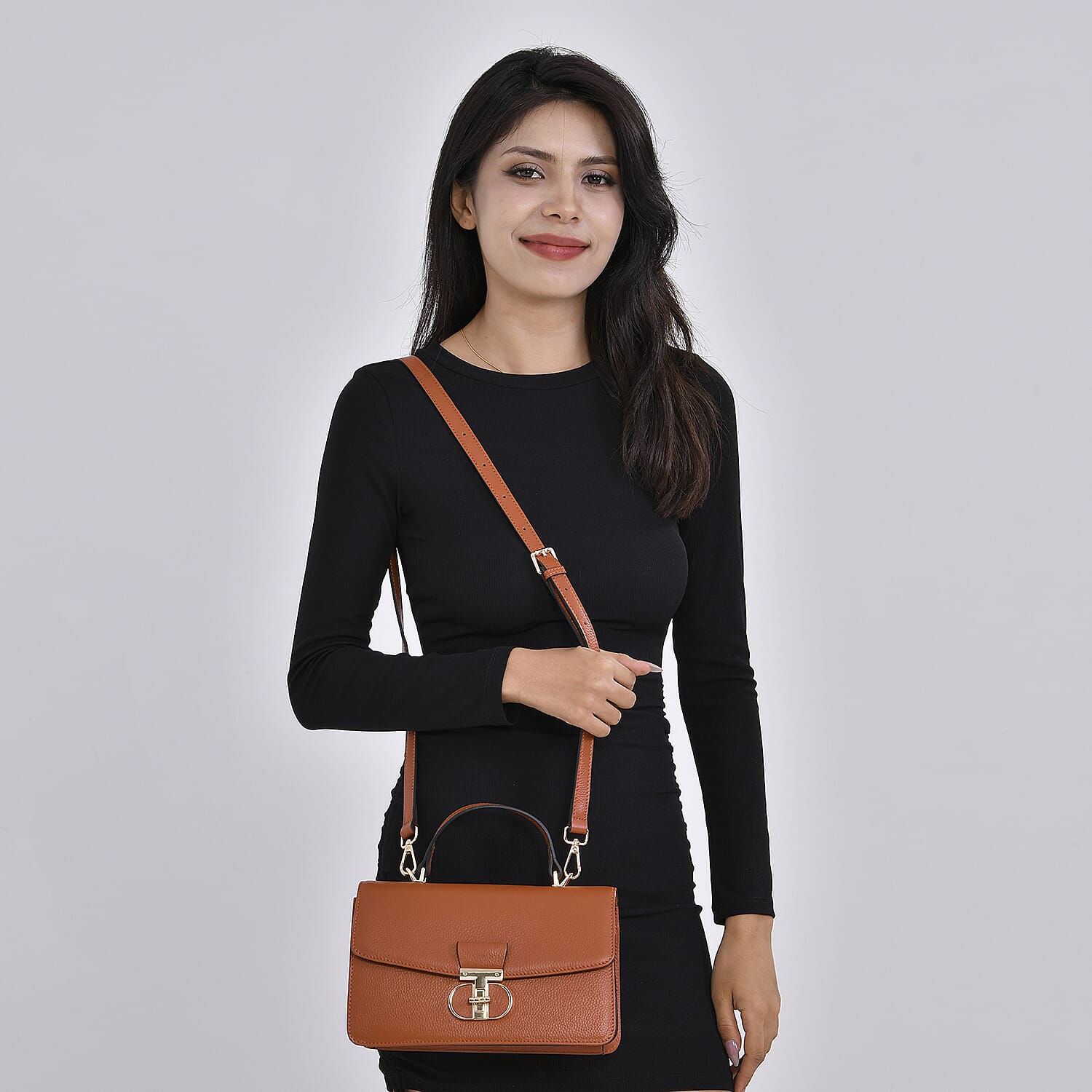 Designer Inspired Closeout Deal - Genuine Leather Structured Top Handle Satchel with Gold-Tone Lock - Tan