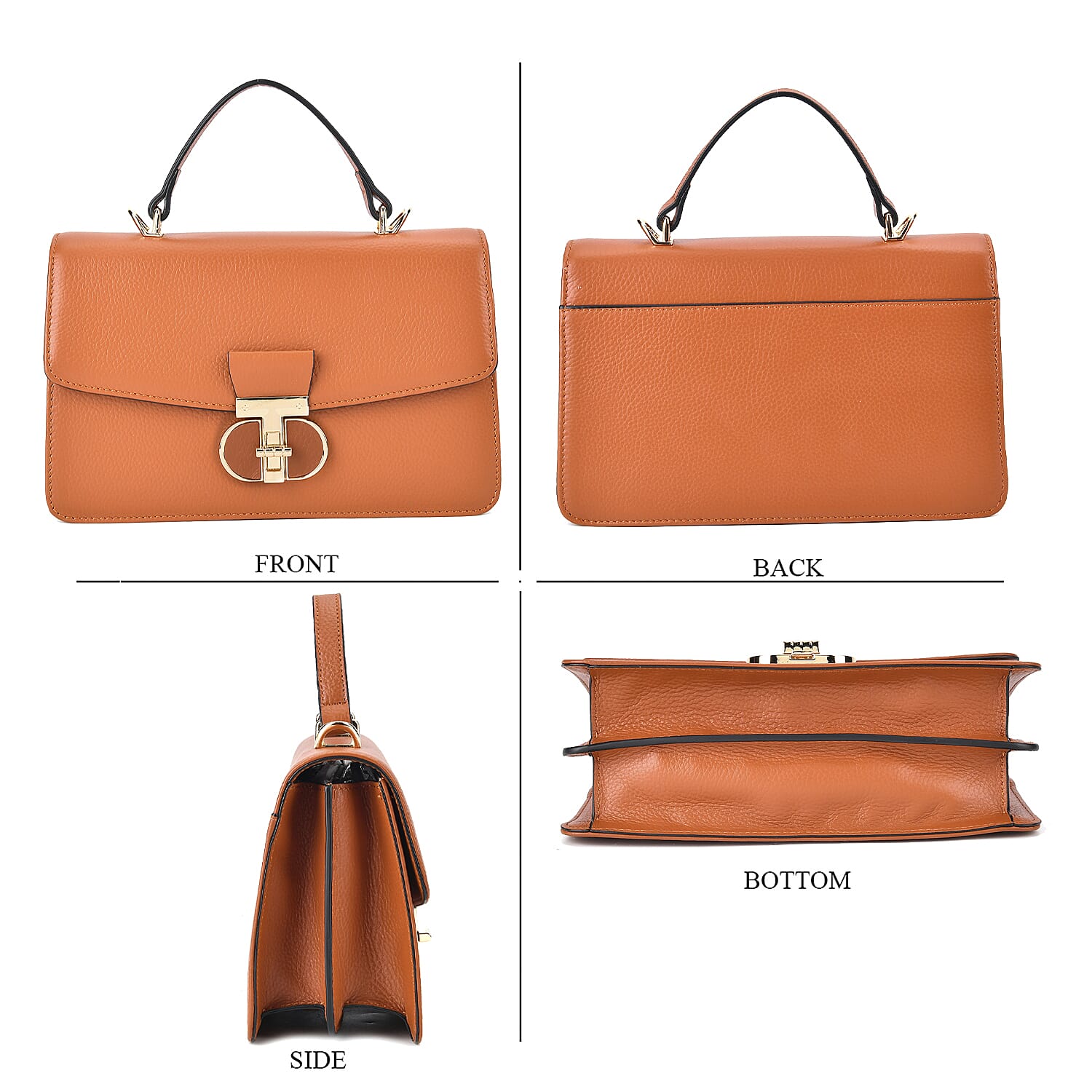 Designer Inspired Closeout Deal - Genuine Leather Structured Top Handle Satchel with Gold-Tone Lock - Tan