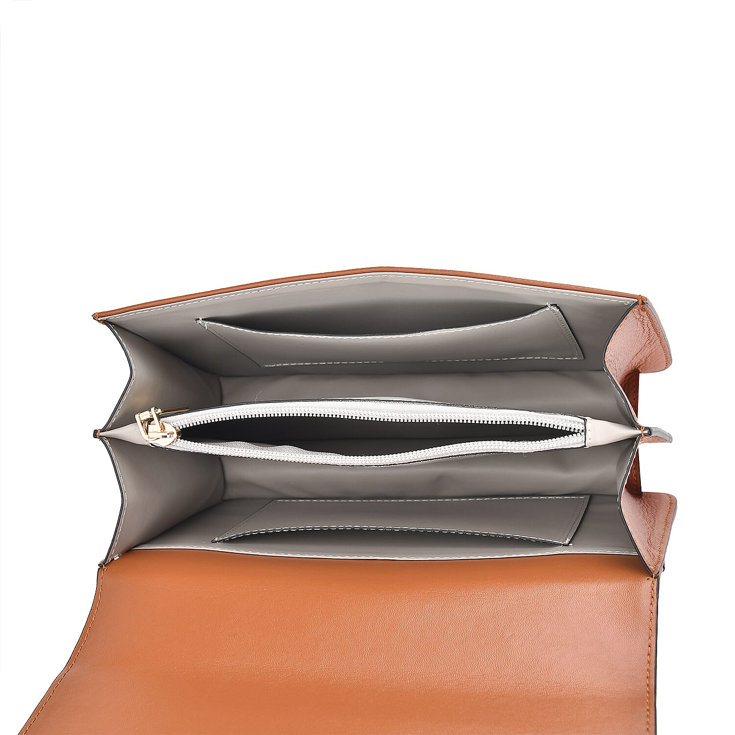 Designer Inspired Closeout Deal - Genuine Leather Structured Top Handle Satchel with Gold-Tone Lock - Tan