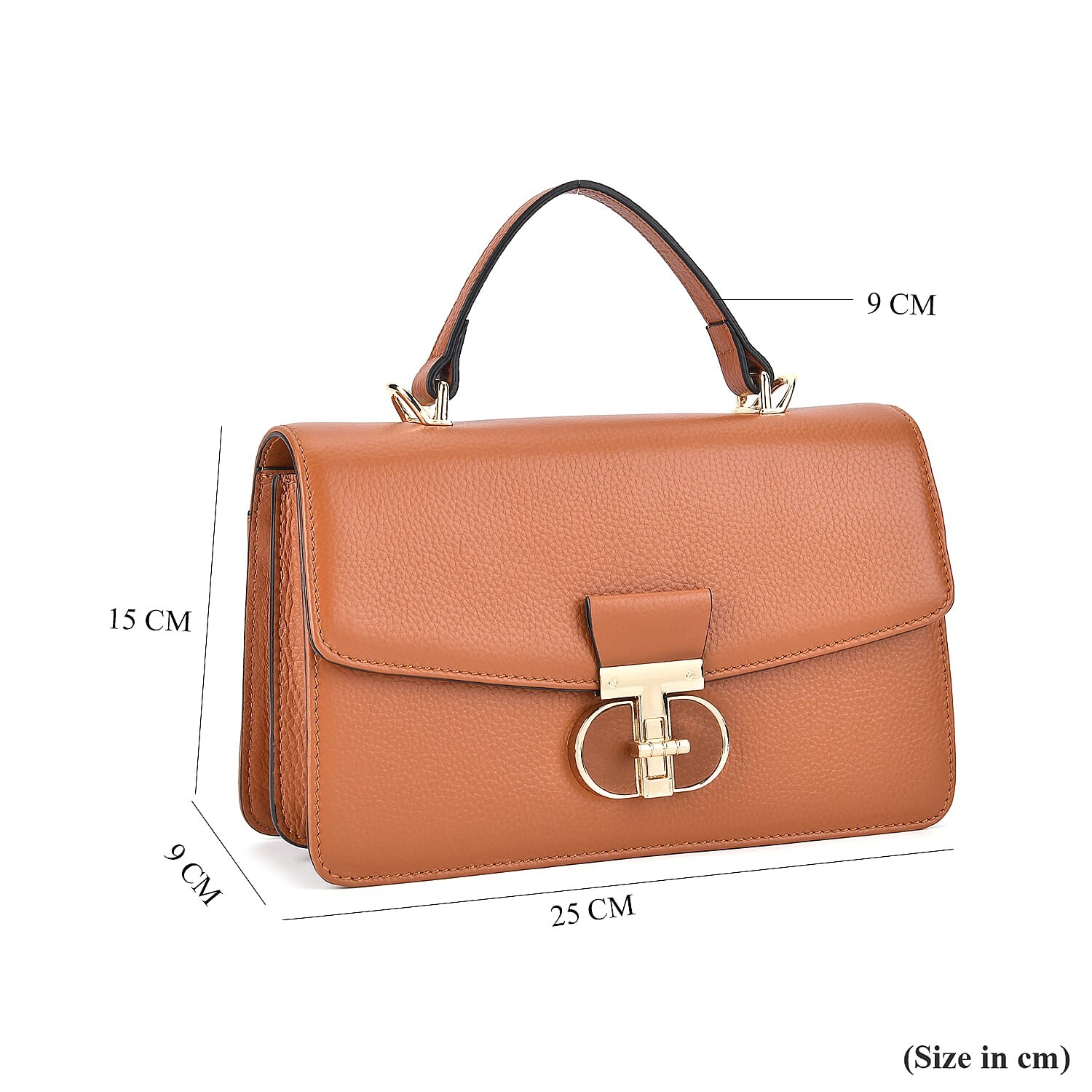 Designer Inspired Closeout Deal - Genuine Leather Structured Top Handle Satchel with Gold-Tone Lock - Tan