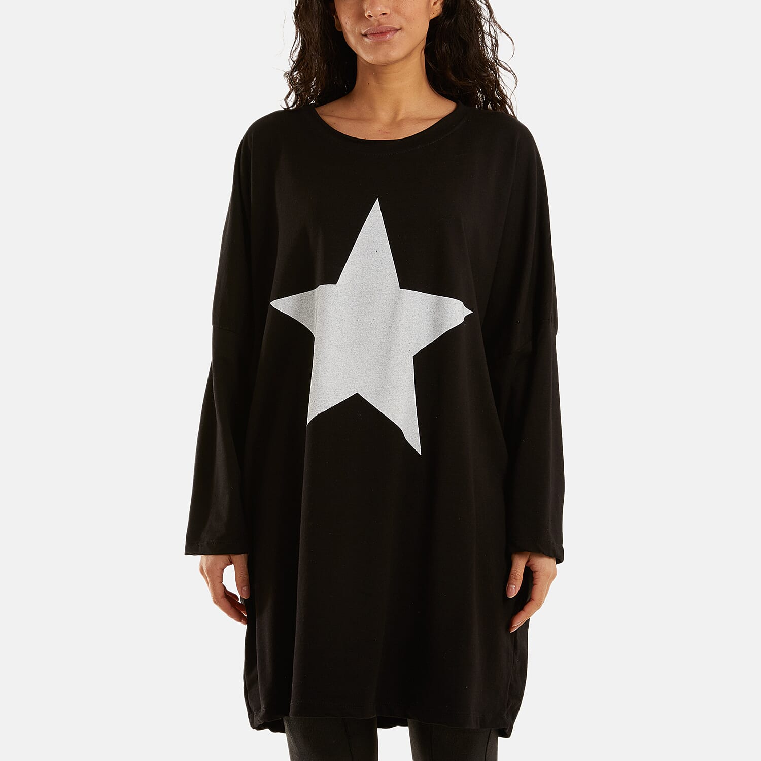 Nova of London - Foil Star Side Pockets Sweatshirt Dress (One Size) - Black