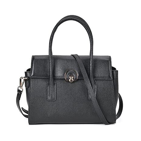 Genuine Leather Solid Crossbody Bag with Handle Drop - Black With Complimentary Bag