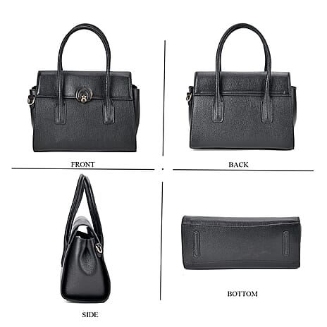 Genuine Leather Solid Crossbody Bag with Handle Drop - Black With Complimentary Bag