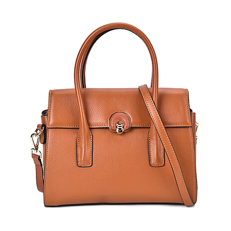 Genuine Leather Solid Crossbody Bag with Handle Drop - Caramel