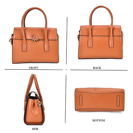 Genuine Leather Solid Crossbody Bag with Handle Drop - Caramel