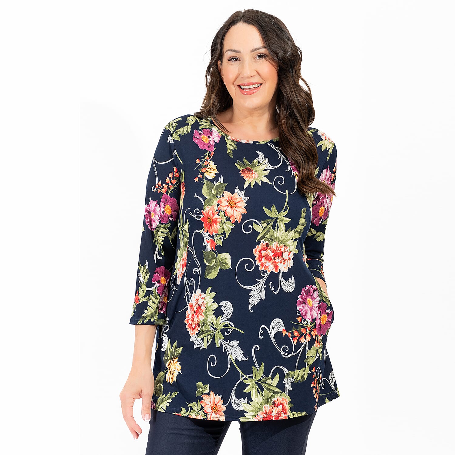 Nicole Floral Print Pocket Tunic (Size L) - Navy