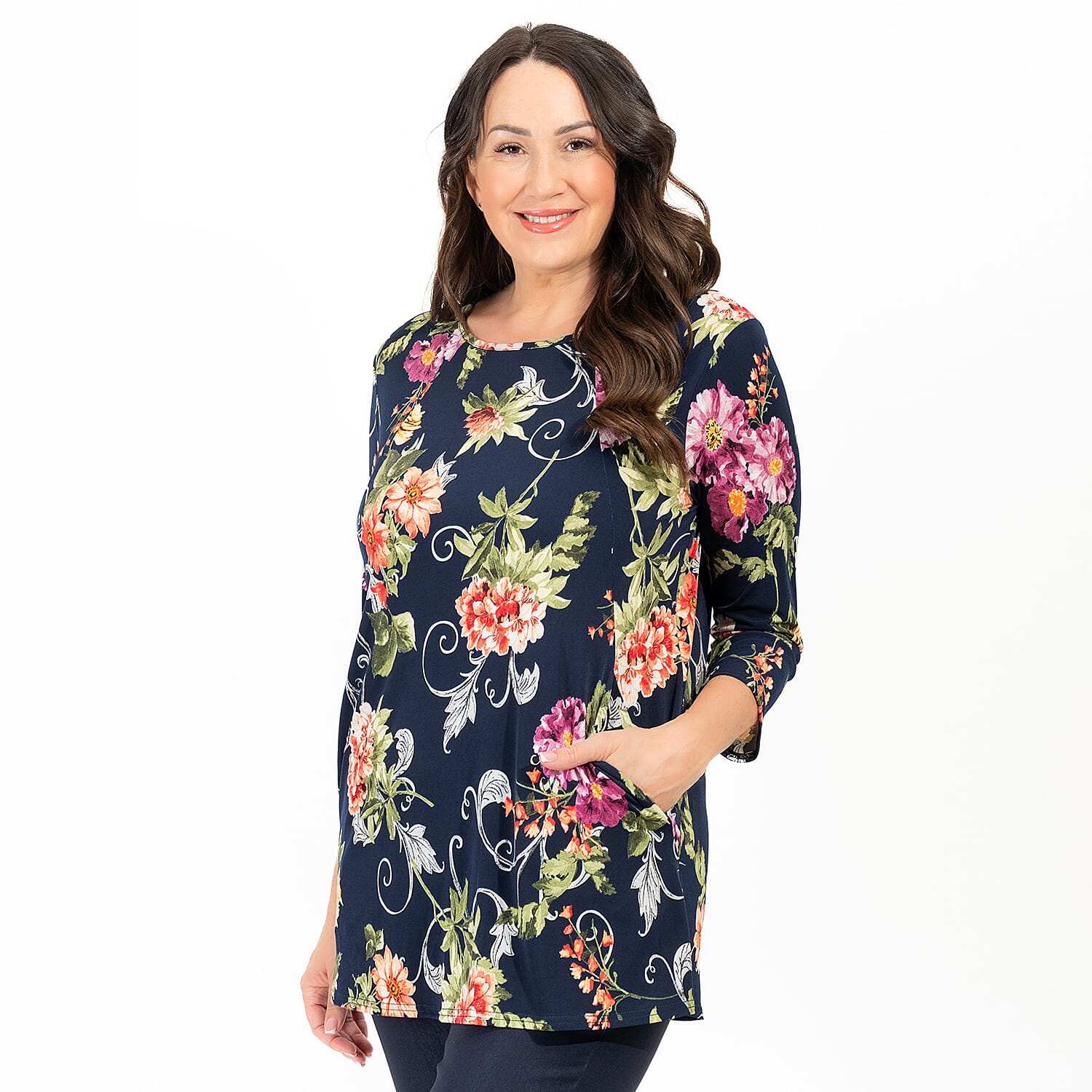 Nicole Floral Print Pocket Tunic (Size L) - Navy