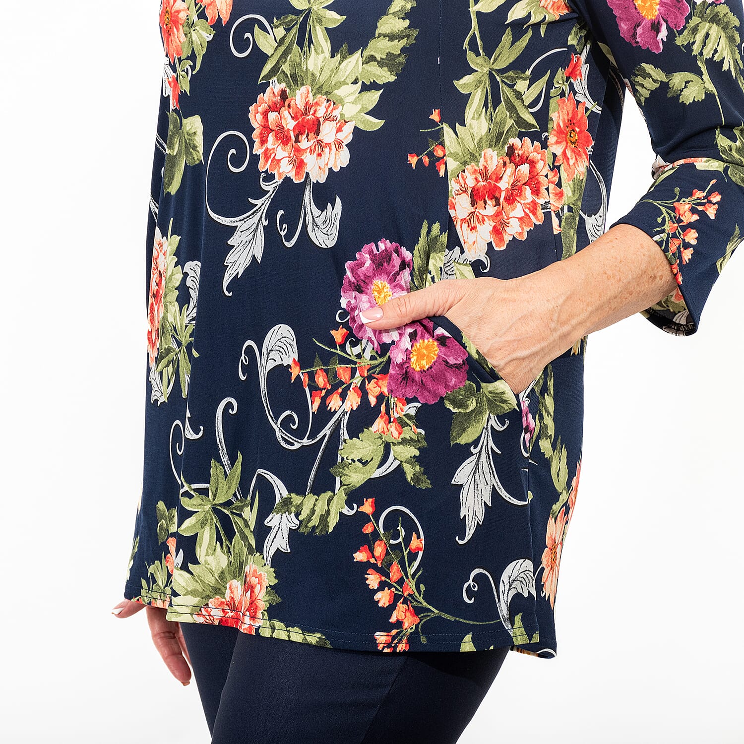 Nicole Floral Print Pocket Tunic (Size L) - Navy