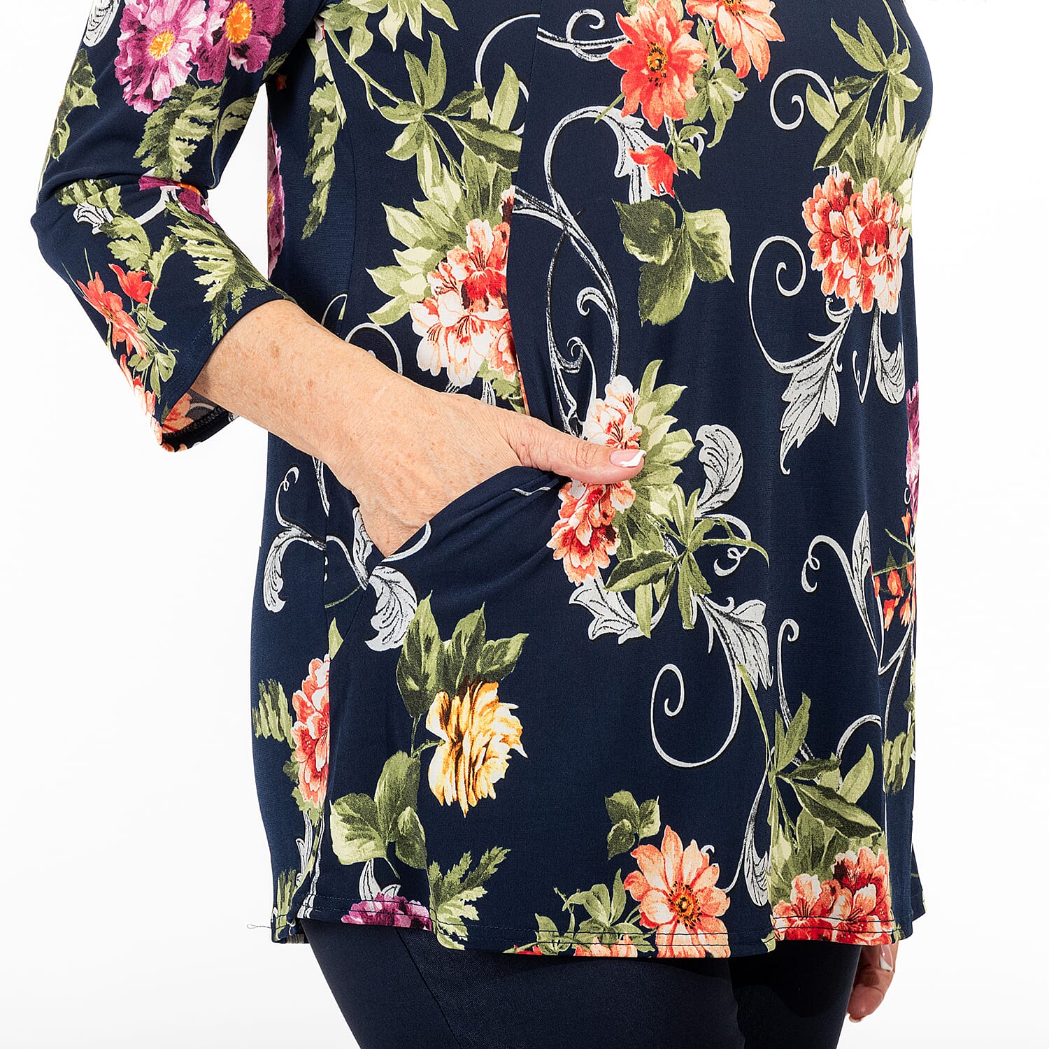 Nicole Floral Print Pocket Tunic (Size L) - Navy