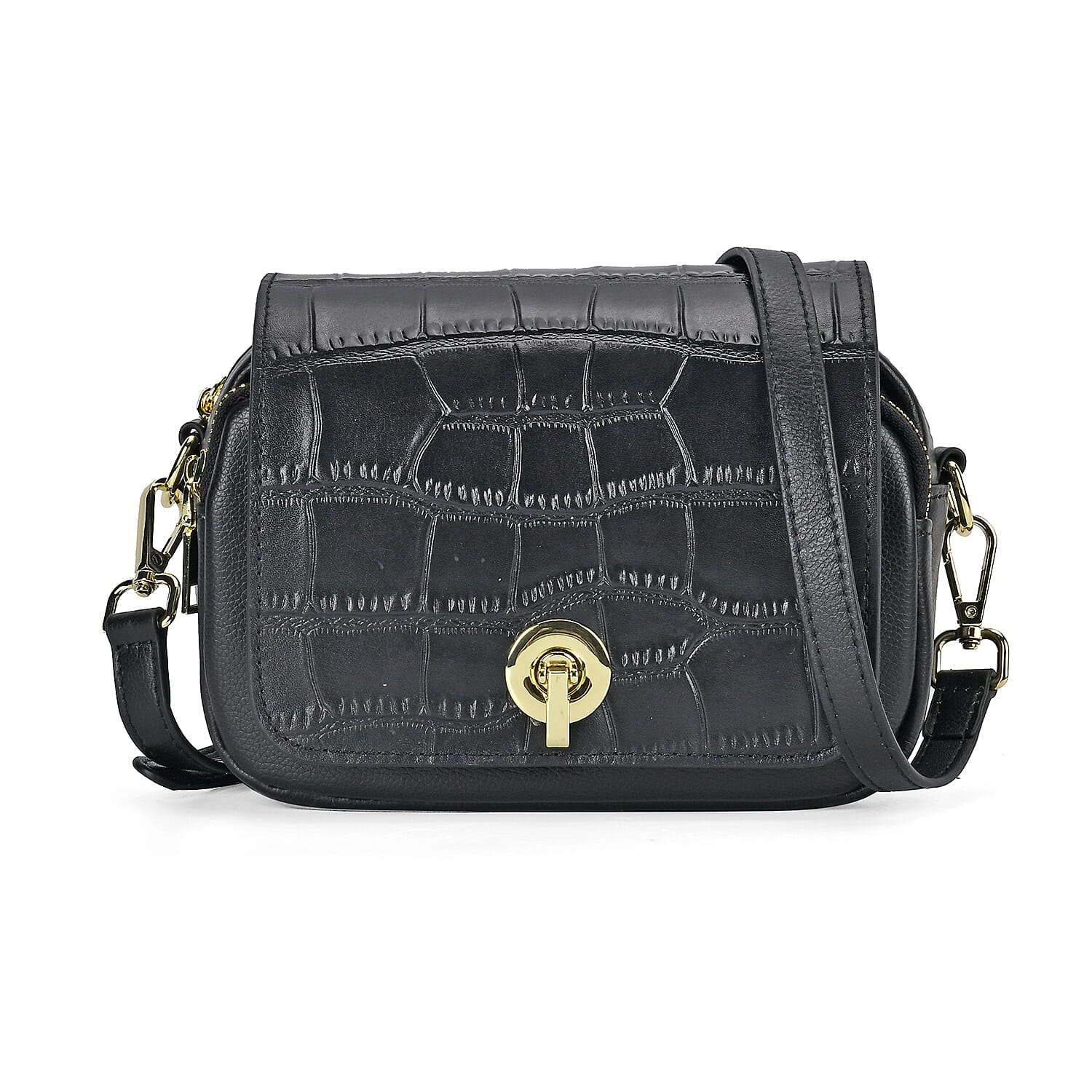 Sencilez Of Barcelona 100% Genuine Leather Croc Emobossed Crossbody Bag - Black