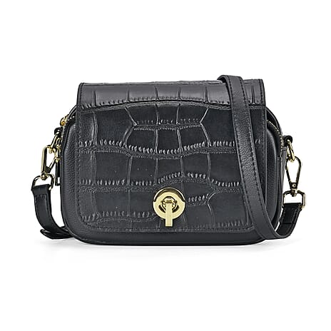 Sencilez Of Barcelona 100% Genuine Leather Croc Emobossed Crossbody Bag - Black