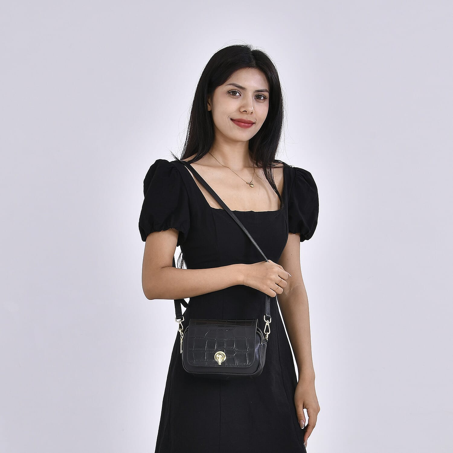 Sencilez Of Barcelona 100% Genuine Leather Croc Emobossed Crossbody Bag - Black