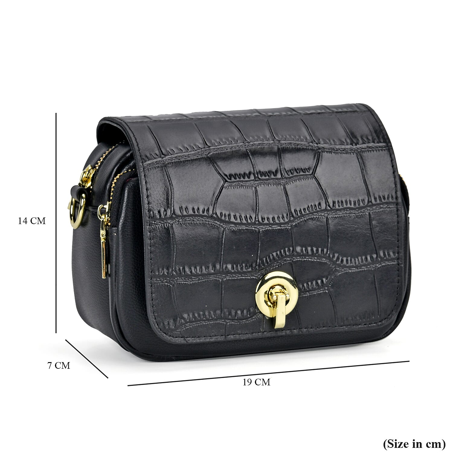 Sencilez Of Barcelona 100% Genuine Leather Croc Emobossed Crossbody Bag - Black